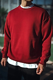 Kışlık Bisiklet Yaka Üç İplik Basic SweatShirt - Bordo