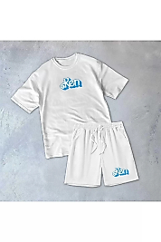 Erkek Baskılı İkili Şort Takım - Beyaz