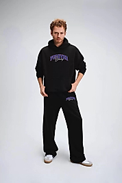 Üç İplik Oversize Kapüşonlu Boru Paça Baskılı Eşofman Takım - Siyah