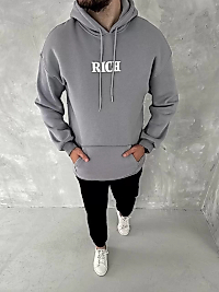 Uzun Kol Kapüşonlu Göğüs Baskılı SweatShirt - Gri
