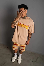 Erkek Alev Baskılı İkili Şortlu Takım - Bej