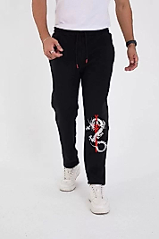 Kışlık Üç İplik Baskılı Eşofman Pantolon - Siyah