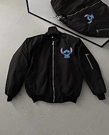 Uzun Kol Astarlı Tam Kalıp Baskılı Bomber Ceket - Siyah