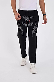 Kışlık Üç İplik Baskılı Eşofman Pantolon - Siyah