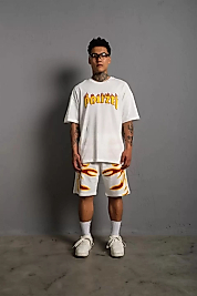 Erkek Alev Baskılı İkili Şortlu Takım - Beyaz