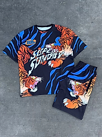 Erkek Dijital Baskılı Şortlu Takım - Mavi