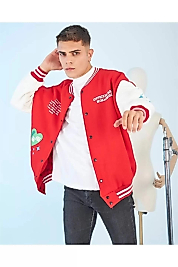 Erkek Kolları Yıldız Sırt Baskılı Oversize Kolej Ceket - Kırmızı