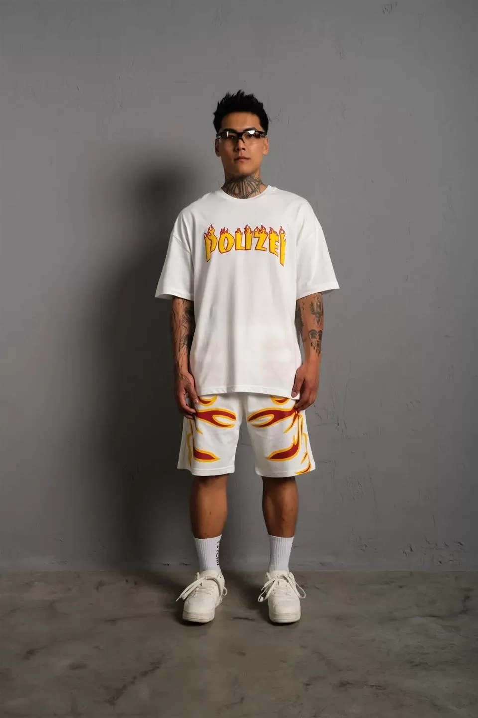 Erkek Alev Baskılı İkili Şortlu Takım - Beyaz