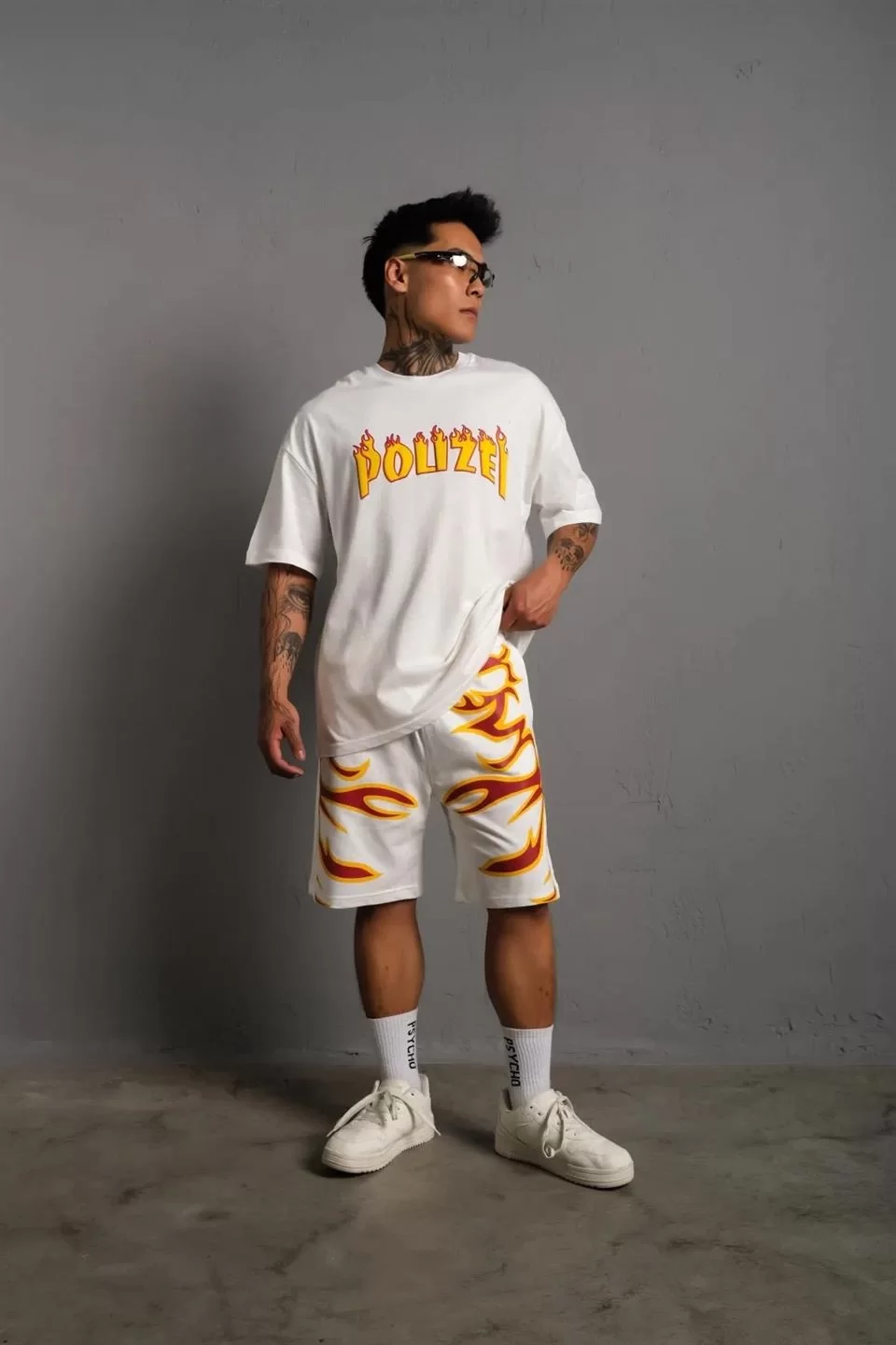 Erkek Alev Baskılı İkili Şortlu Takım - Beyaz