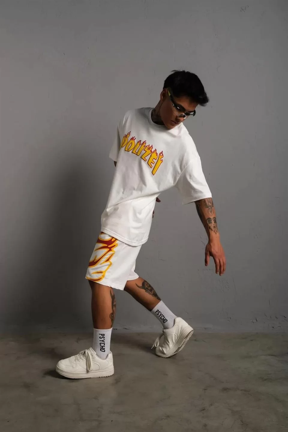 Erkek Alev Baskılı İkili Şortlu Takım - Beyaz