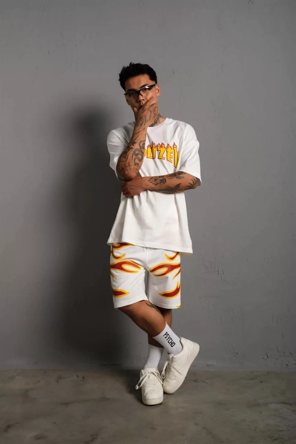 Erkek Alev Baskılı İkili Şortlu Takım - Beyaz