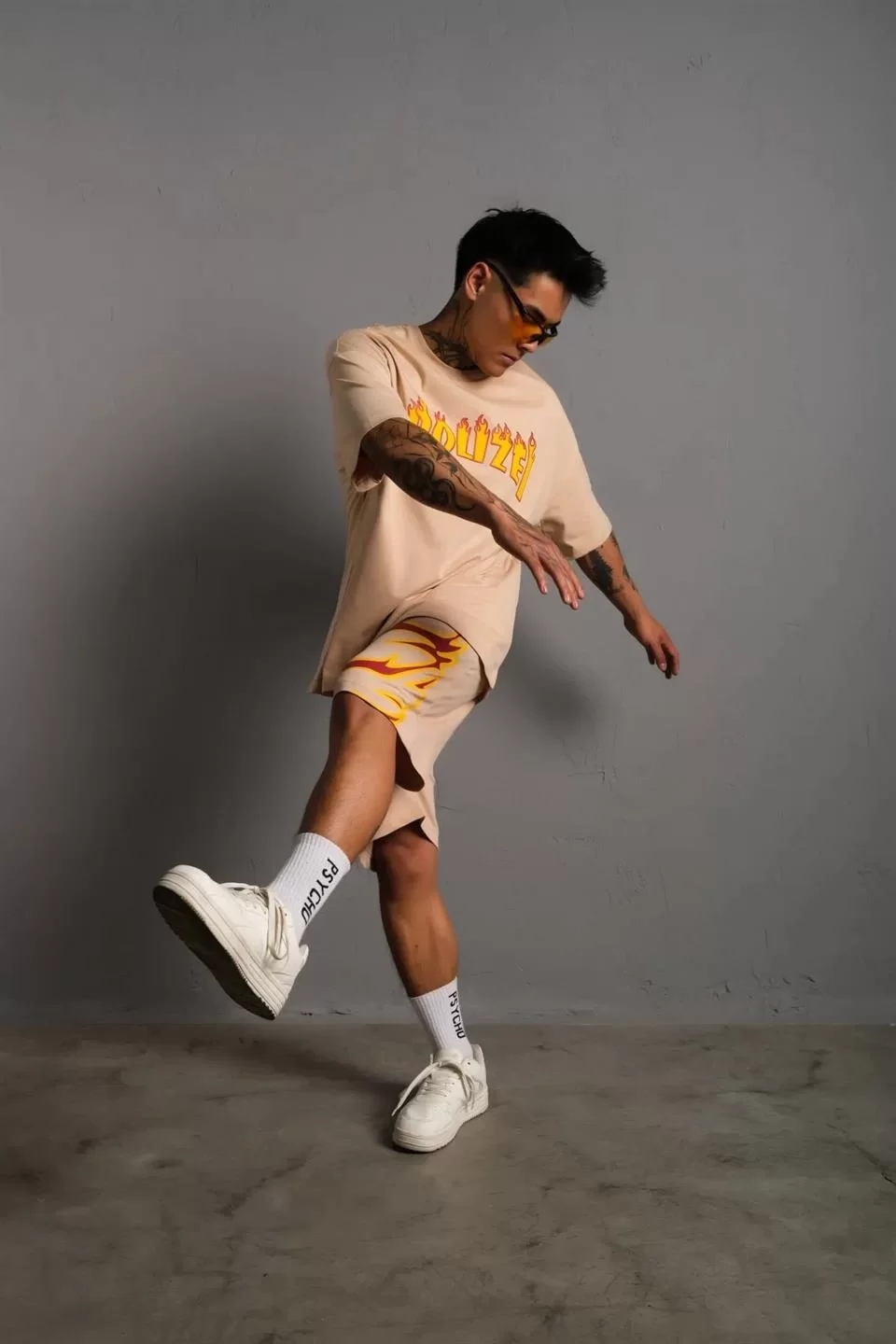 Erkek Alev Baskılı İkili Şortlu Takım - Bej