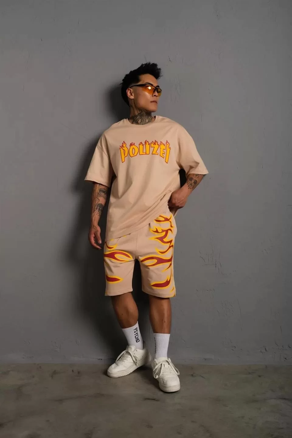 Erkek Alev Baskılı İkili Şortlu Takım - Bej