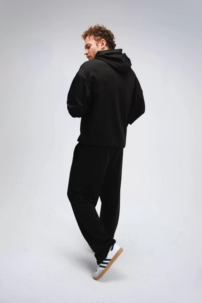 Üç İplik Oversize Kapüşonlu Boru Paça Baskılı Eşofman Takım - Siyah