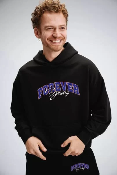 Üç İplik Oversize Kapüşonlu Boru Paça Baskılı Eşofman Takım - Siyah